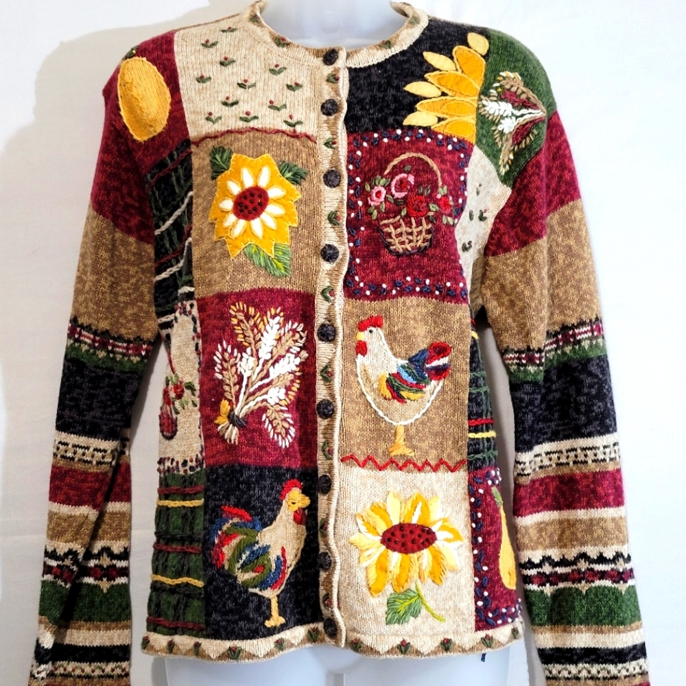 Vintage Tiara Rooster Thanksgiving cardigan 230